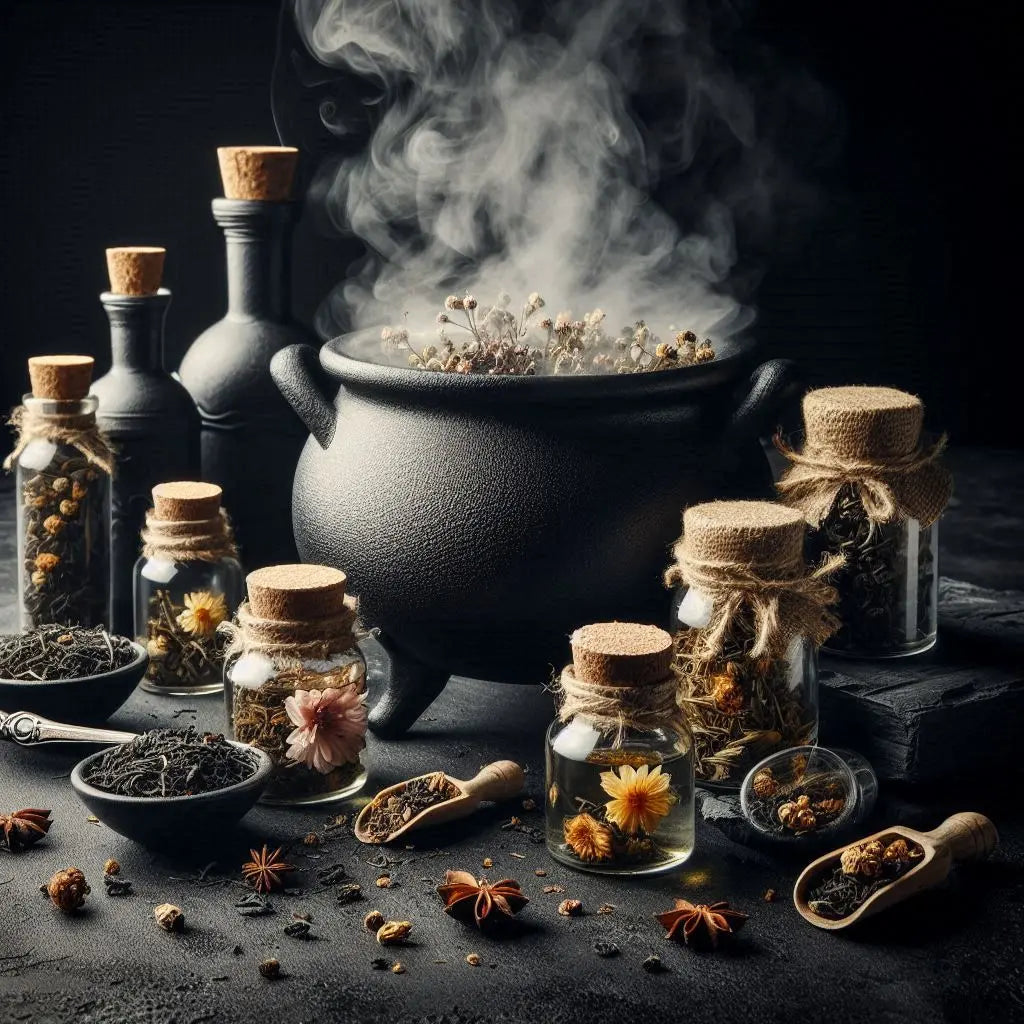 Flacons d'infusions et chaudron fumant