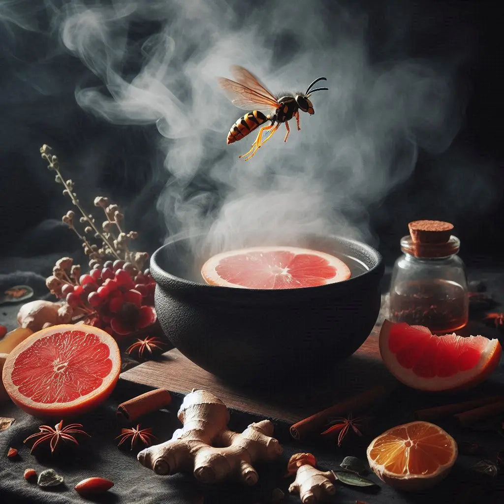 elixir taille de guêpe thé minceur une guêpe volant au dessus d'un chaudron THE LES SORCIERS